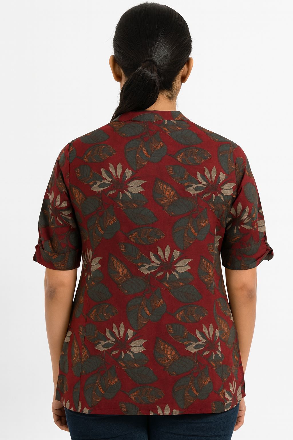 Women’s Maroon Floral Printed Cotton Short Kurti with Mandarin Collar & Half Sleeves