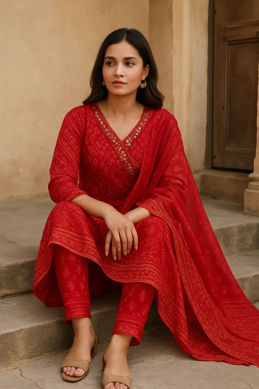 Women’s Red Printed Anarkali Kurti Set with Dupatta – Ethnic Cotton Suit for Festive & Casual Wear
