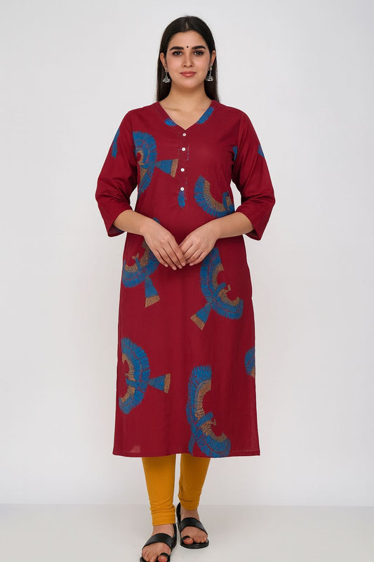 Women’s Maroon Printed Kurti with Blue Motifs – Cotton Straight Fit Daily Wear
