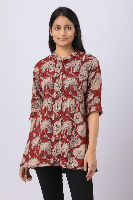 Women’s Red Rayon Short Kurti – Printed Button-Down Tunic Top for Casual & Office Wear