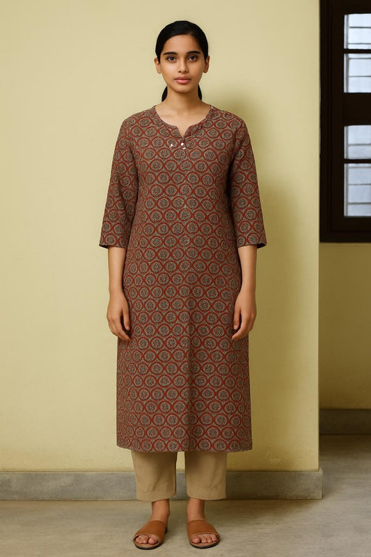 Women’s Brown Cotton Kurti – Printed Straight Fit with Notch Neck and 3/4th Sleeves