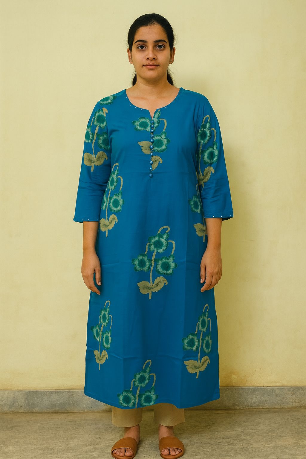 Women’s Blue Cotton Kurti – Floral Printed Straight Fit with Round Neck and 3/4th Sleeves