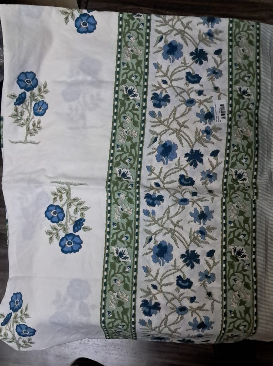 100% Cotton Double Bedsheet with Pillow Covers – Blue & Green Floral Print, Size 100x108 Inches