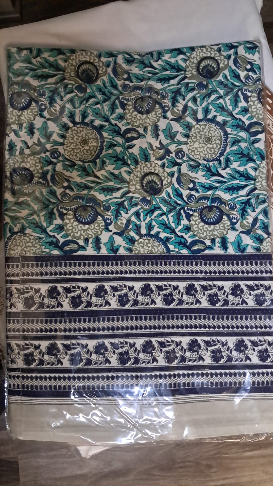 Elegant Floral Print Cotton Double Bedsheet with Pillow Covers – Blue & Green Handblock Design | Size 100x108 Inches