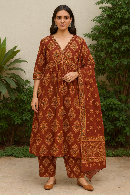 Women’s Cotton Kurti Pant Set with Dupatta – Handblock Print | Ethnic Wear