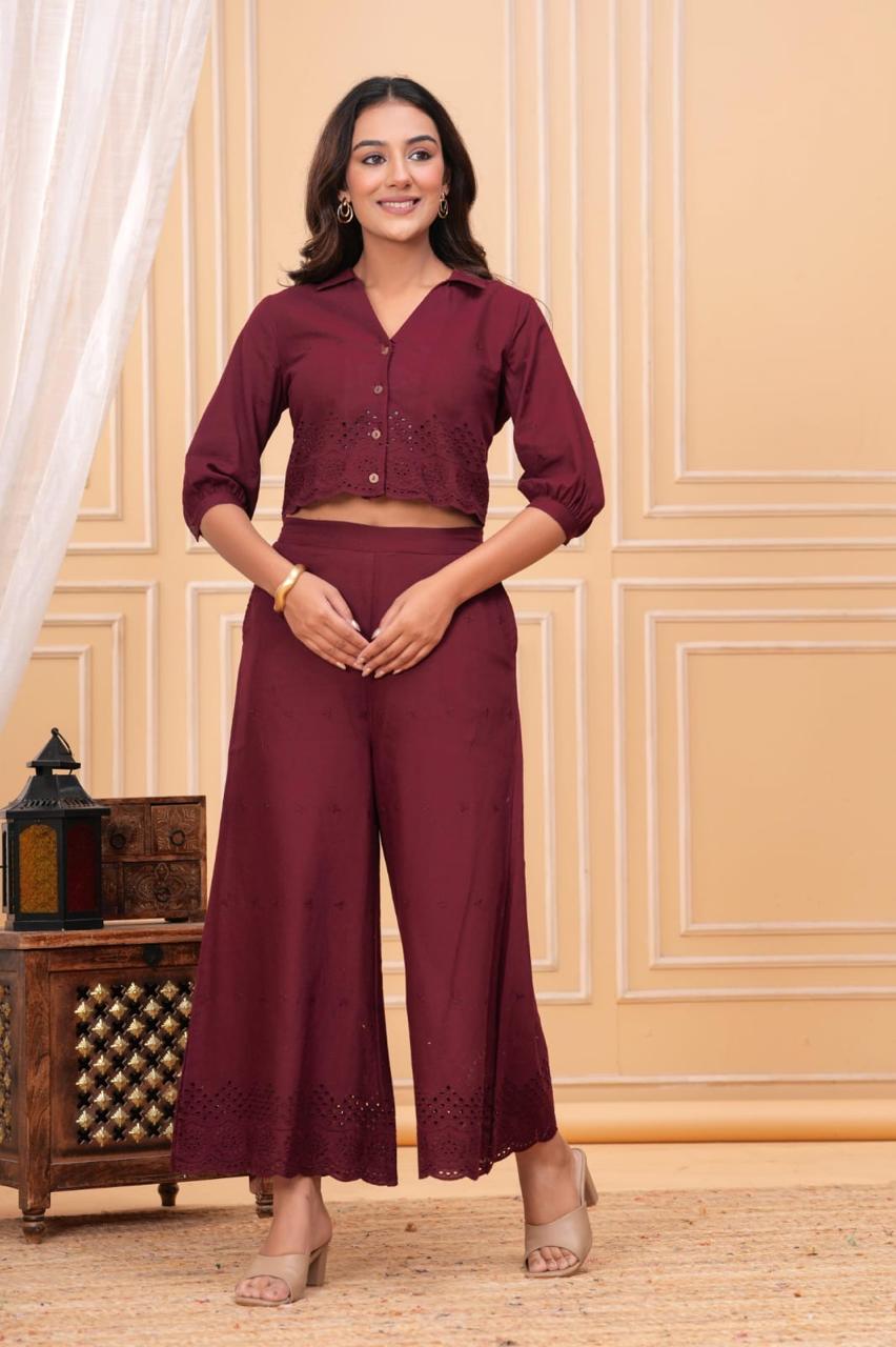 Women’s Maroon Cotton Co-ord Set – Stylish Crop Shirt & Wide-Leg Pants