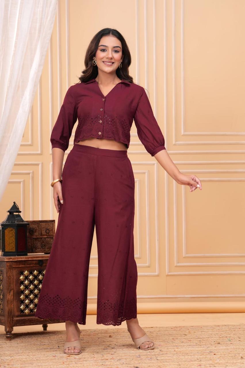 Women’s Maroon Cotton Co-ord Set – Stylish Crop Shirt & Wide-Leg Pants