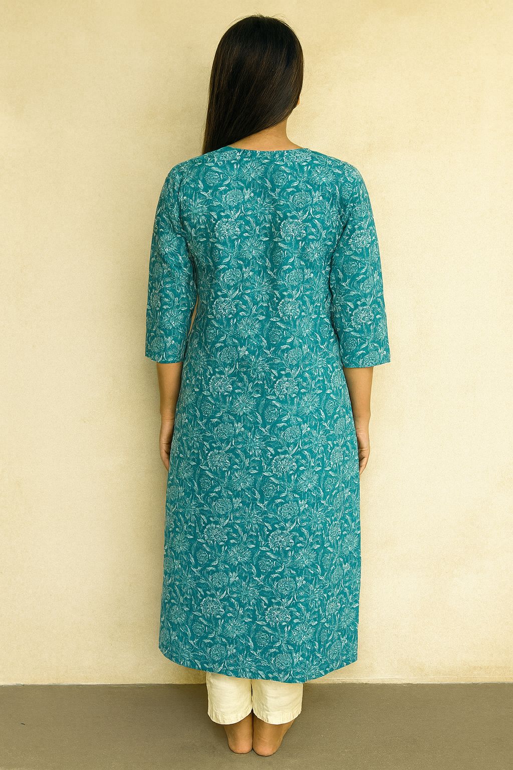Teal Blue Cotton Printed Kurti for Women – Elegant Floral Ethnic Daily Wear
