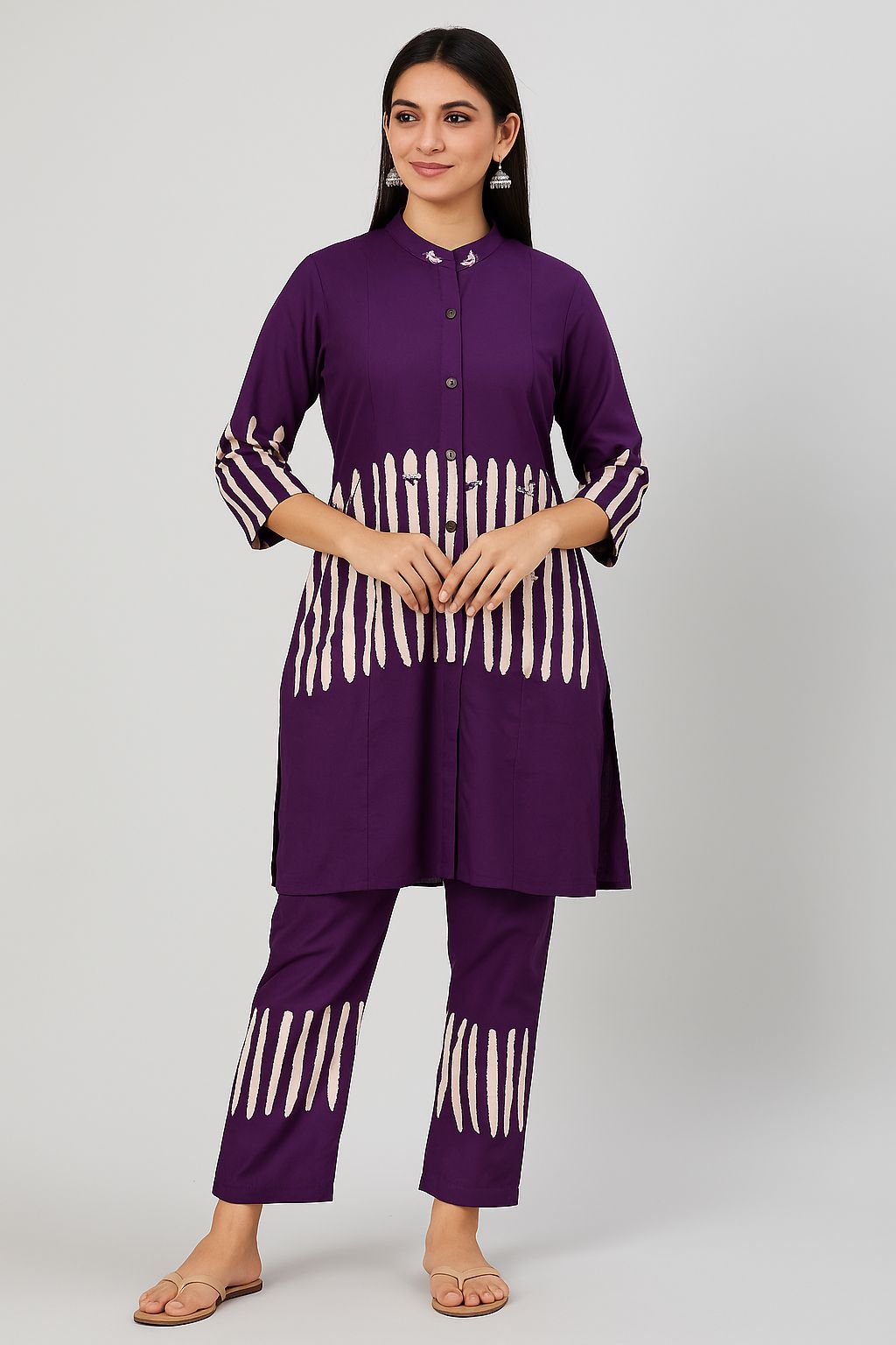 Women’s Purple Maslin Co-Ord Set with Button-Down Kurta & Printed Pants – Elegant Ethnic Wear for Office & Festive Look