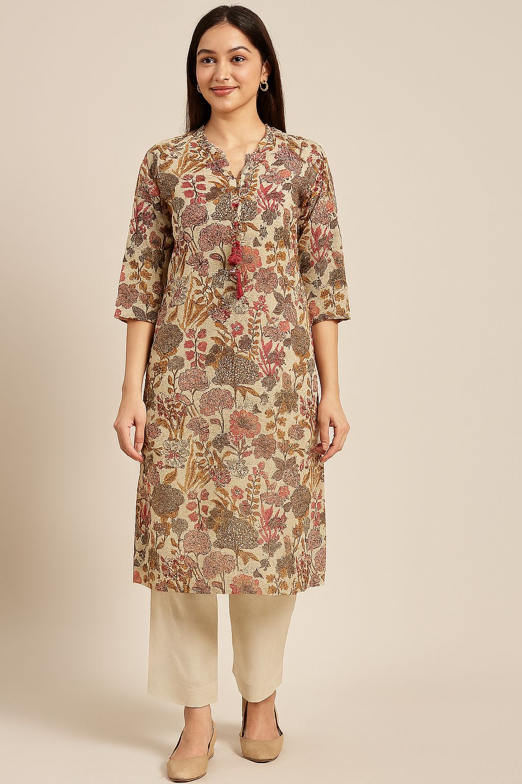 Elegant Floral Print Linen Kurti Set for Women | Comfortable Daily & Office Wear by Natural Fab
