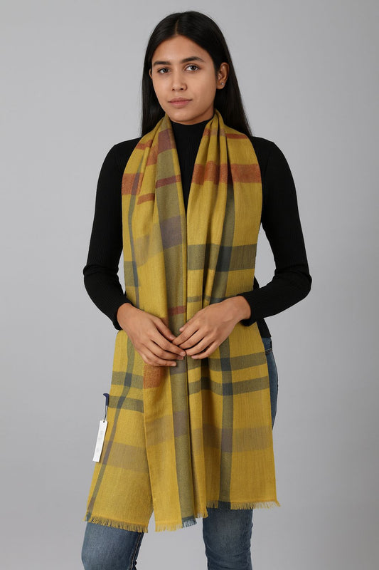 Mustard Yellow Woollen Check Stole for Women | Winter Fashion Wrap by Natural Fab