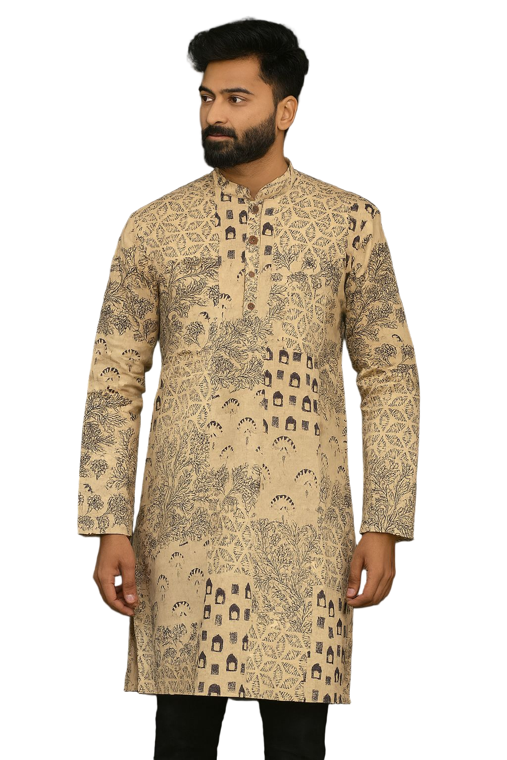 Beige Hand Block Printed Cotton Men’s Knee Length Kurta | Elegant Ethnic Wear by Natural Fab