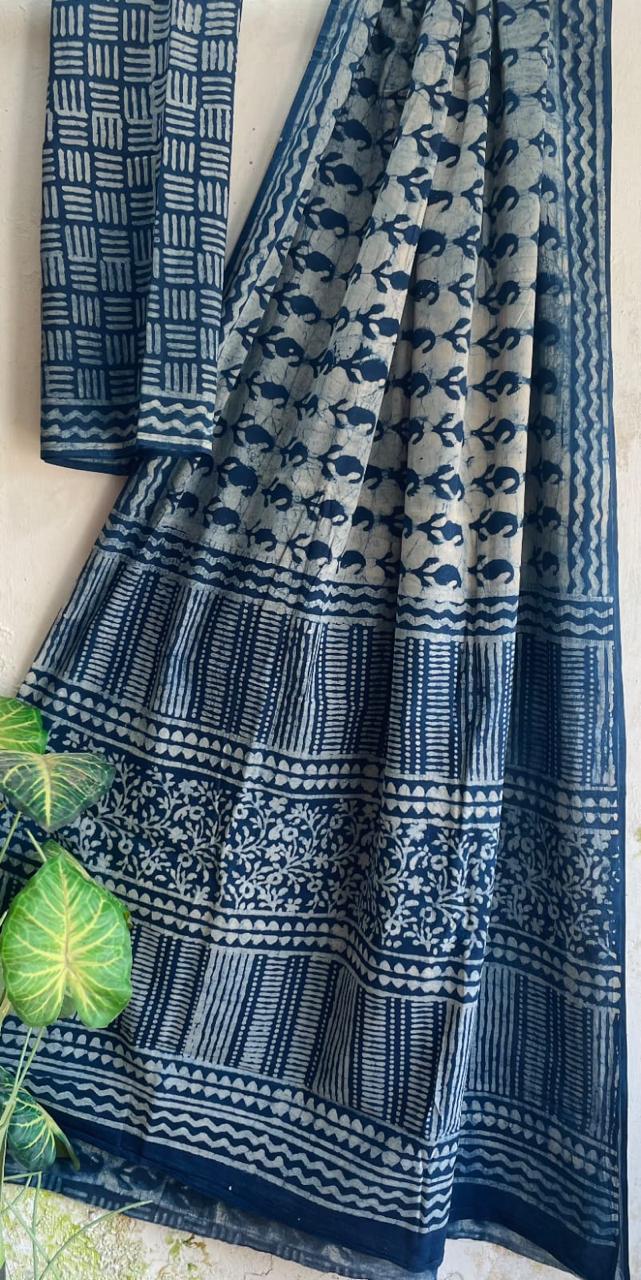 Pure Cotton Malmal Hand Block Print Saree with Blouse Piece – 5.5m Saree + 80cm Blouse Fabric | Lightweight & Breathable Traditional Saree for Women