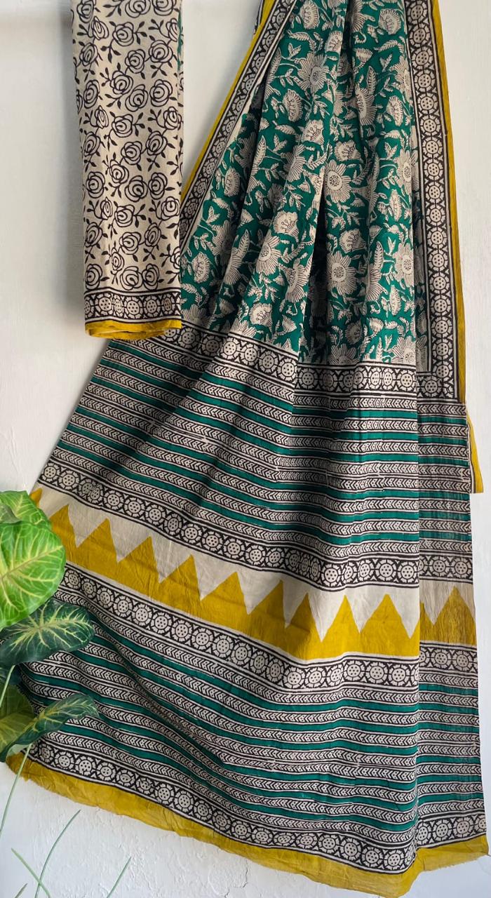 Teal Green & Mustard Cotton Malmal Hand Block Print Saree with Blouse – 5.5m Saree + 80cm Blouse Piece | Soft Lightweight Traditional Saree for Women