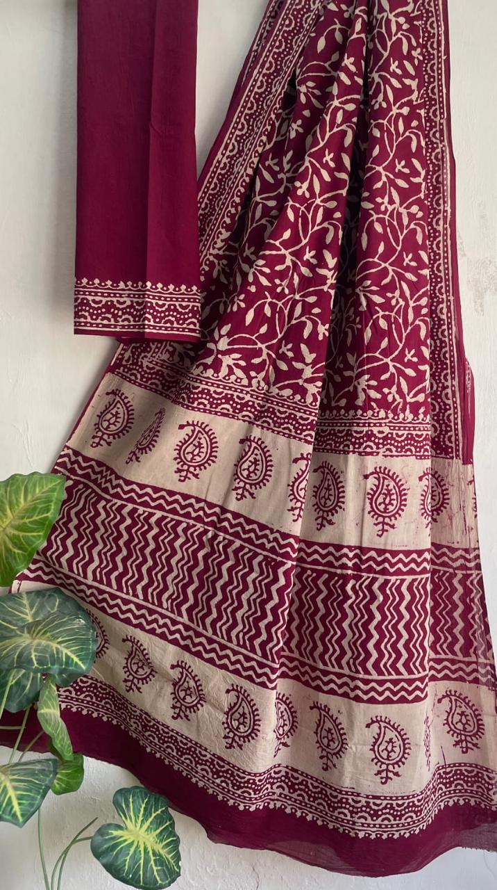Maroon & Beige Cotton Malmal Hand Block Print Saree with Blouse – 5.5m Saree + 80cm Blouse Piece | Soft Lightweight Traditional Saree for Women