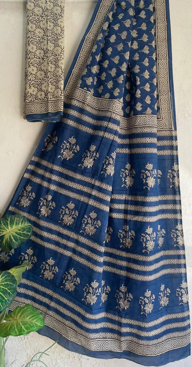 Navy Blue & Beige Cotton Malmal Hand Block Print Saree with Blouse – 5.5m Saree + 80cm Blouse Piece | Soft Lightweight Traditional Saree for Women
