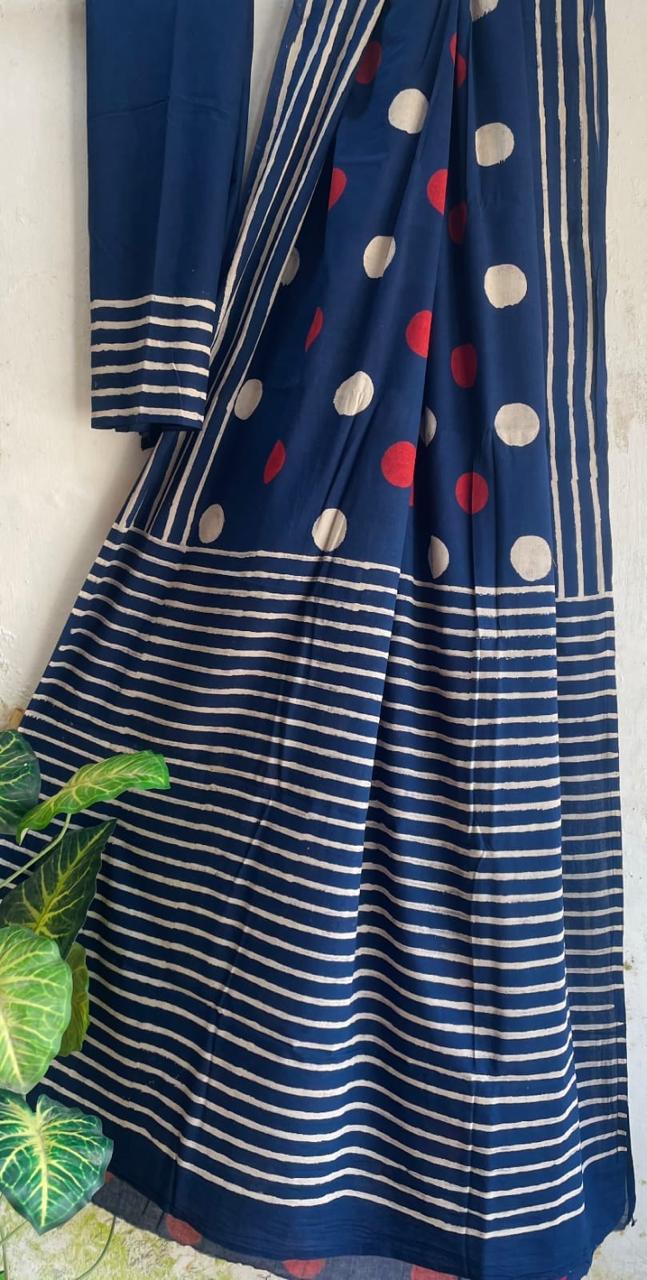 Navy Blue Cotton Malmal Hand Block Print Saree with Red & White Polka Dots – 5.5m Saree + 80cm Blouse Piece | Soft Lightweight Saree for Women