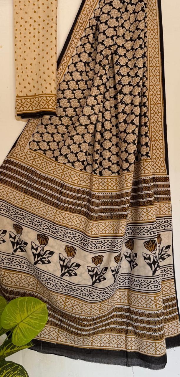 Black & Mustard Cotton Malmal Hand Block Print Saree with Blouse – 5.5m Saree + 80cm Blouse Piece | Soft Lightweight Traditional Saree for Women
