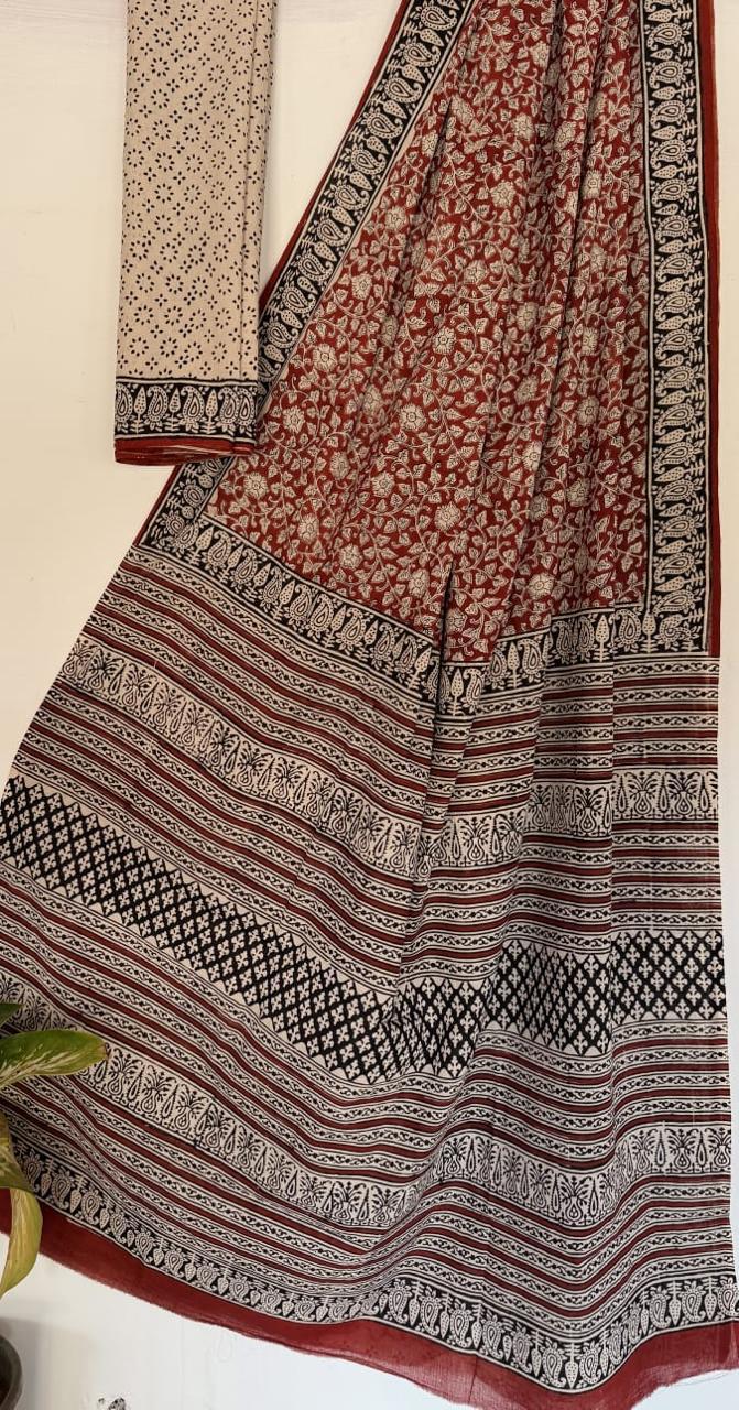 Rust Red & Black Cotton Malmal Hand Block Print Saree with Blouse – 5.5m Saree + 80cm Blouse Piece | Soft Lightweight Traditional Saree for Women