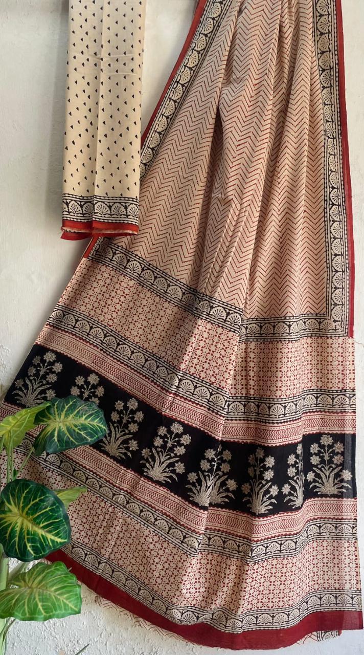 Beige & Black Cotton Malmal Hand Block Print Saree with Blouse – 5.5m Saree + 80cm Blouse Piece | Soft Lightweight Traditional Saree for Women