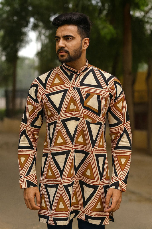 Handcrafted Cotton Ajrakh Print Men's Kurta – Geometric Pattern