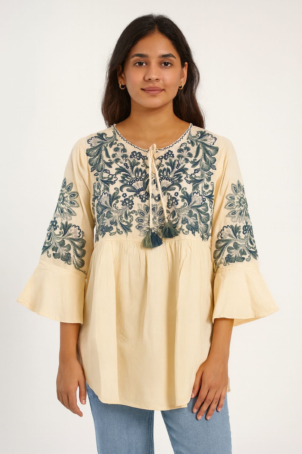 Cream Cotton Hand-Embroidered Boho Top for Women – Elegant Floral Tunic with Flared Sleeves