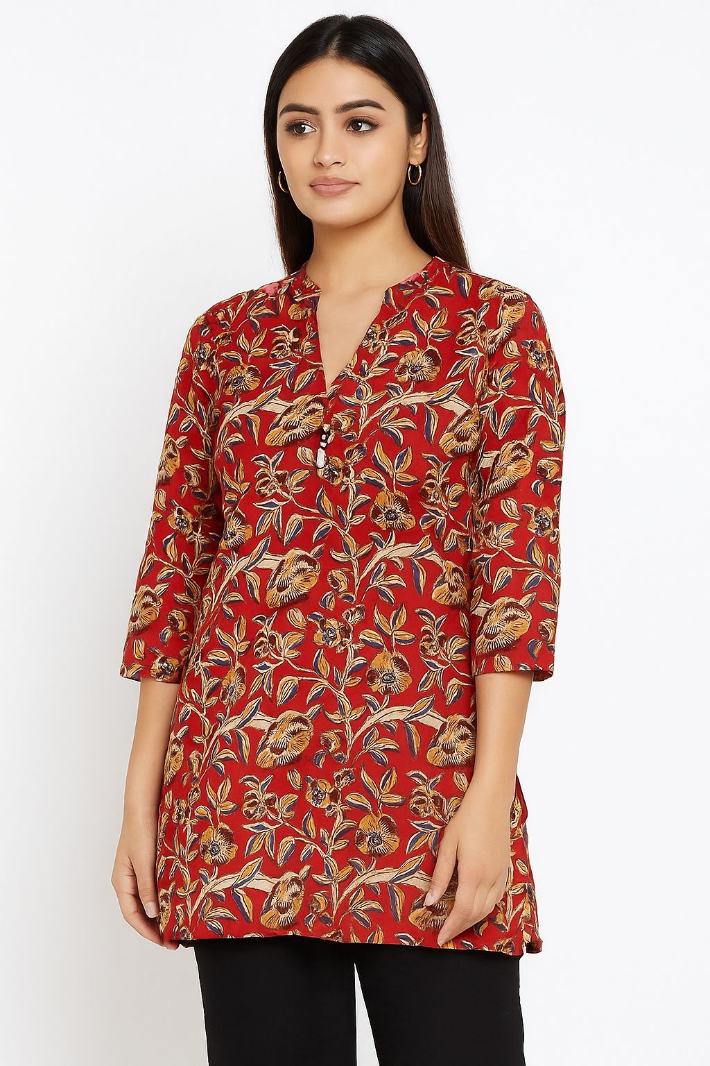 Maroon Hand Block Printed Cotton Short Kurti for Women – Floral Print Casual Ethnic Tunic