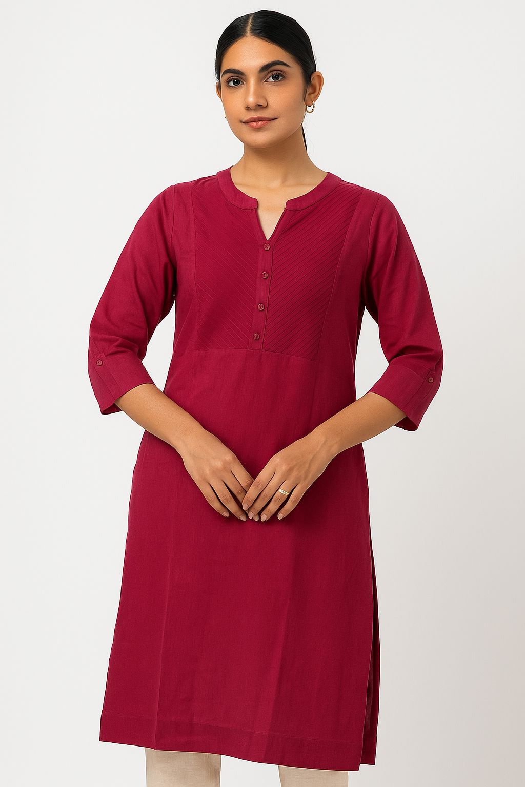 Maroon Cotton Straight Kurti for Women – Elegant Solid Everyday Wear with Pintuck Yoke Design