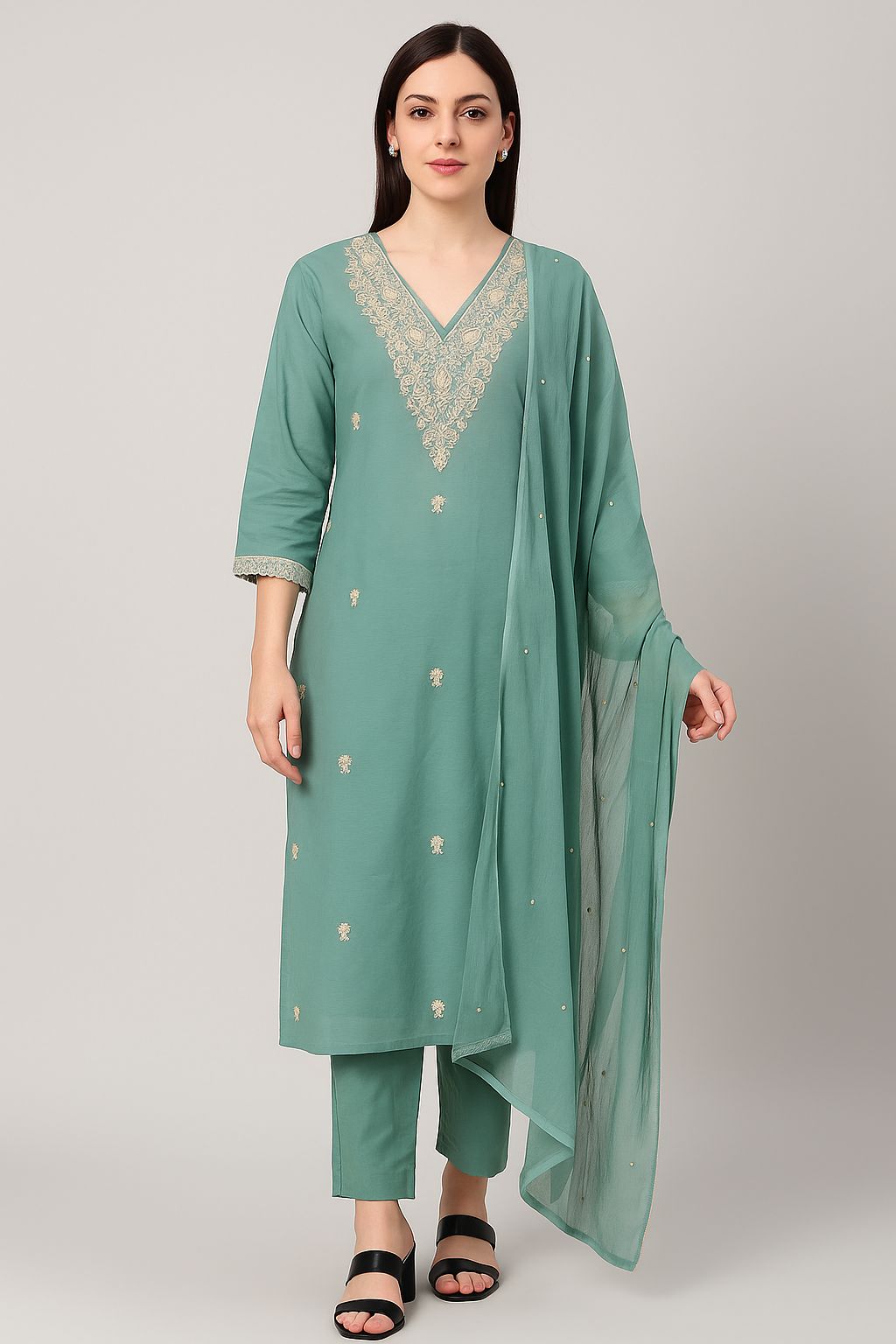 Pastel Green Maslin Embroidered Kurti Set with Dupatta – Elegant 3-Piece Ethnic Wear for Women