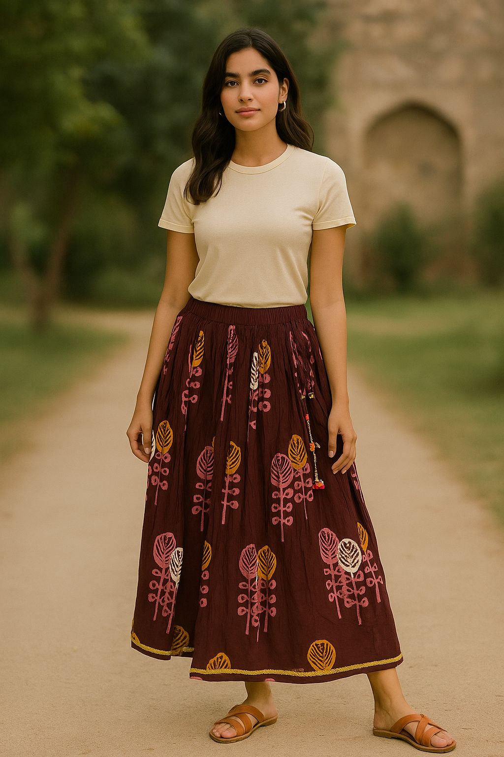 Maroon Handblock Printed Cotton Skirt for Women – Boho Flared Long Skirt with Drawstring Waist and Tassels