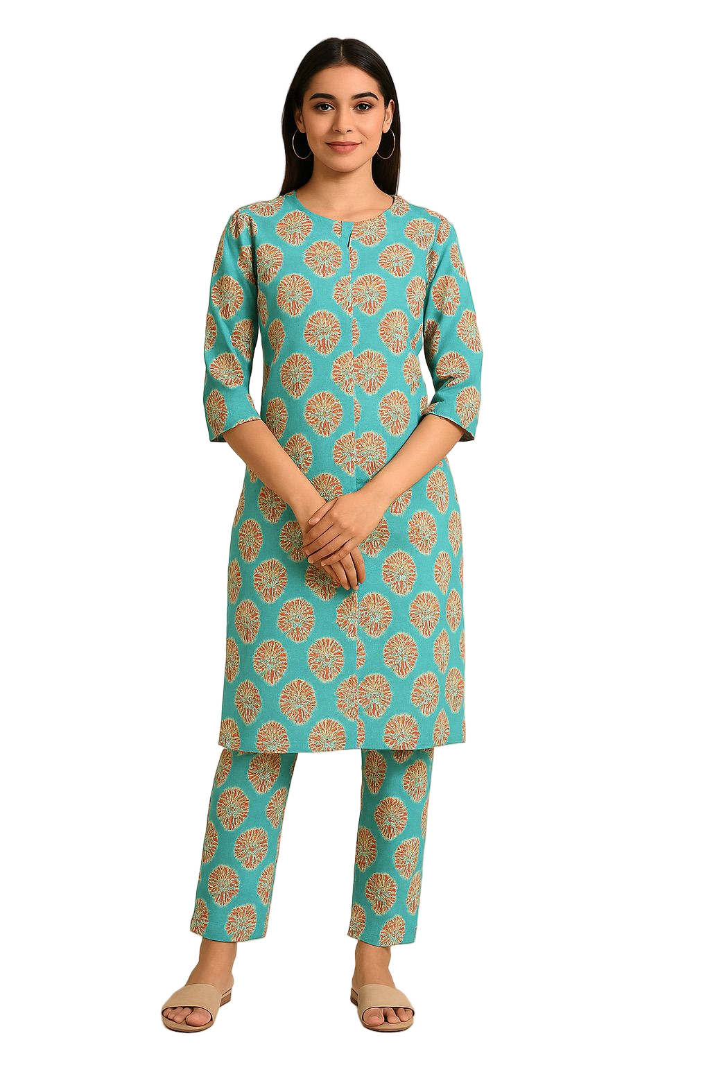 Women's Everyday Cotton Kurta Pant Set – Teal Handblock Print, Soft & Breathable Daily Wear