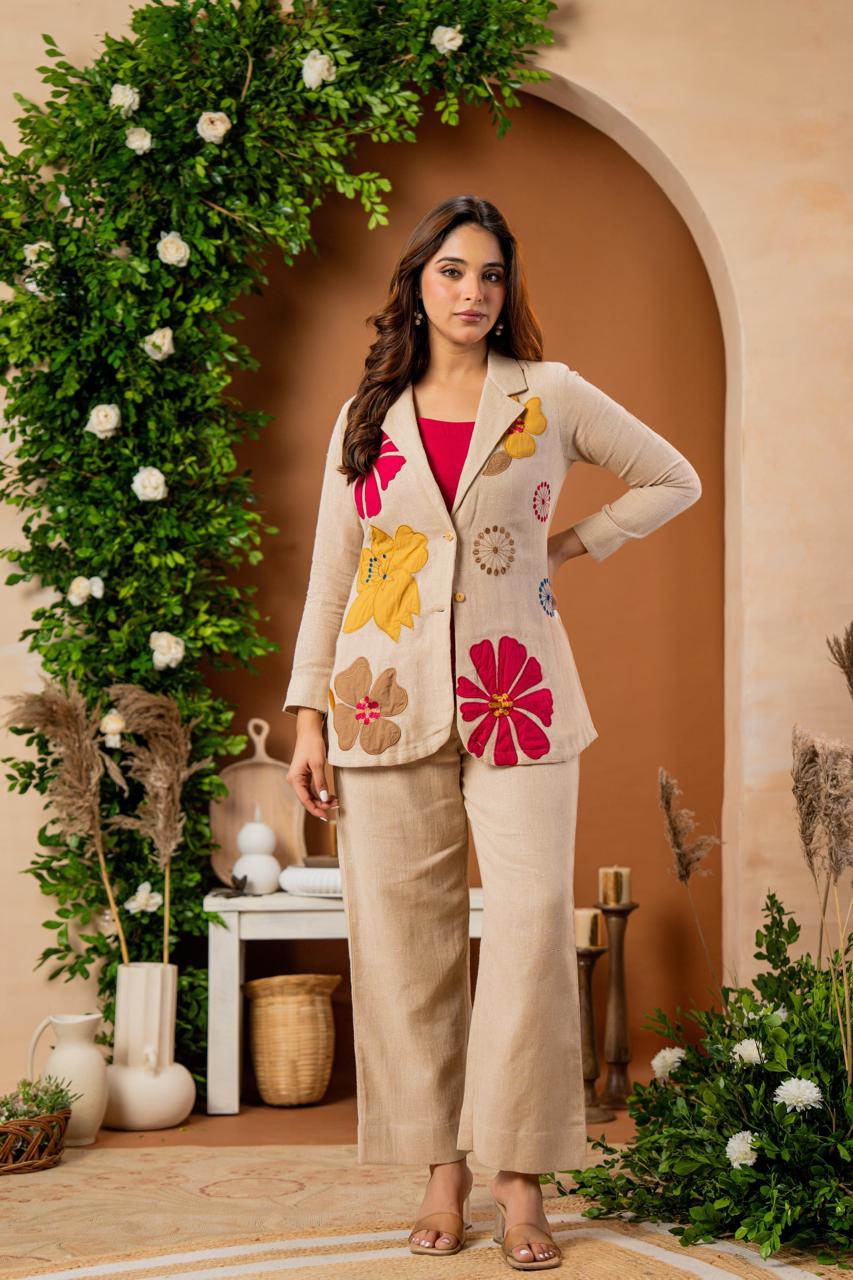 Women’s Designer Jute 3-Piece Co-Ord Set – Floral Appliqué Coat, Straight Pants & Spaghetti Top | Festive & Party Wear