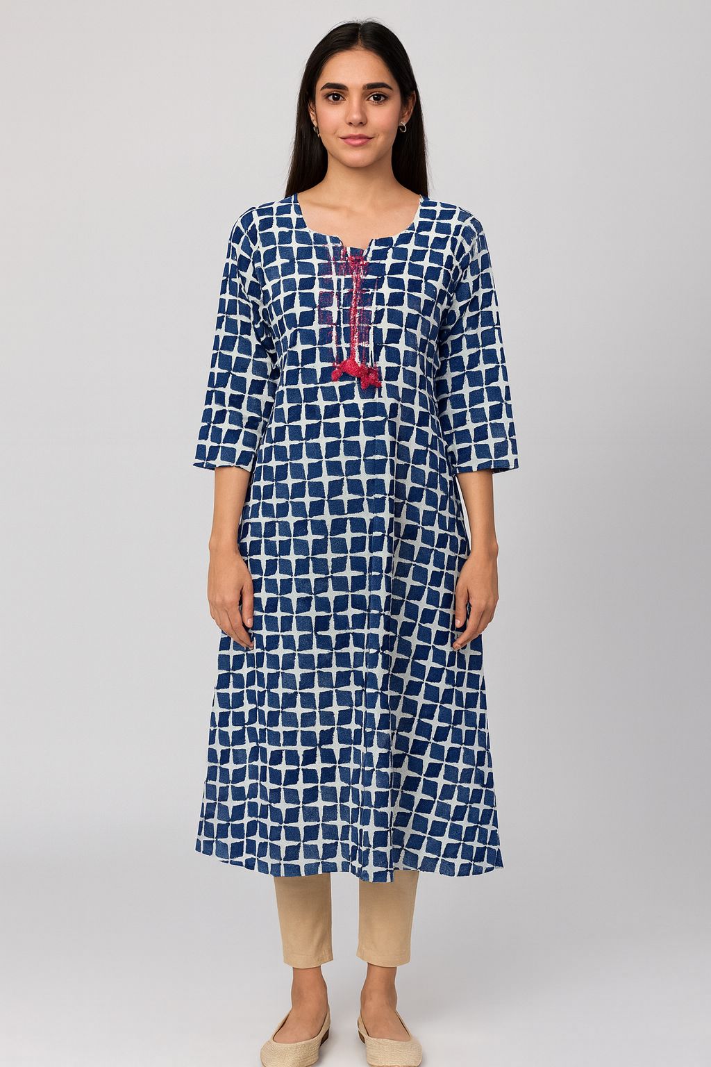 Navy Blue & White Printed A-Line Cotton Kurti for Women – 3/4 Sleeves, V-Neck with Tassel Tie-Up
