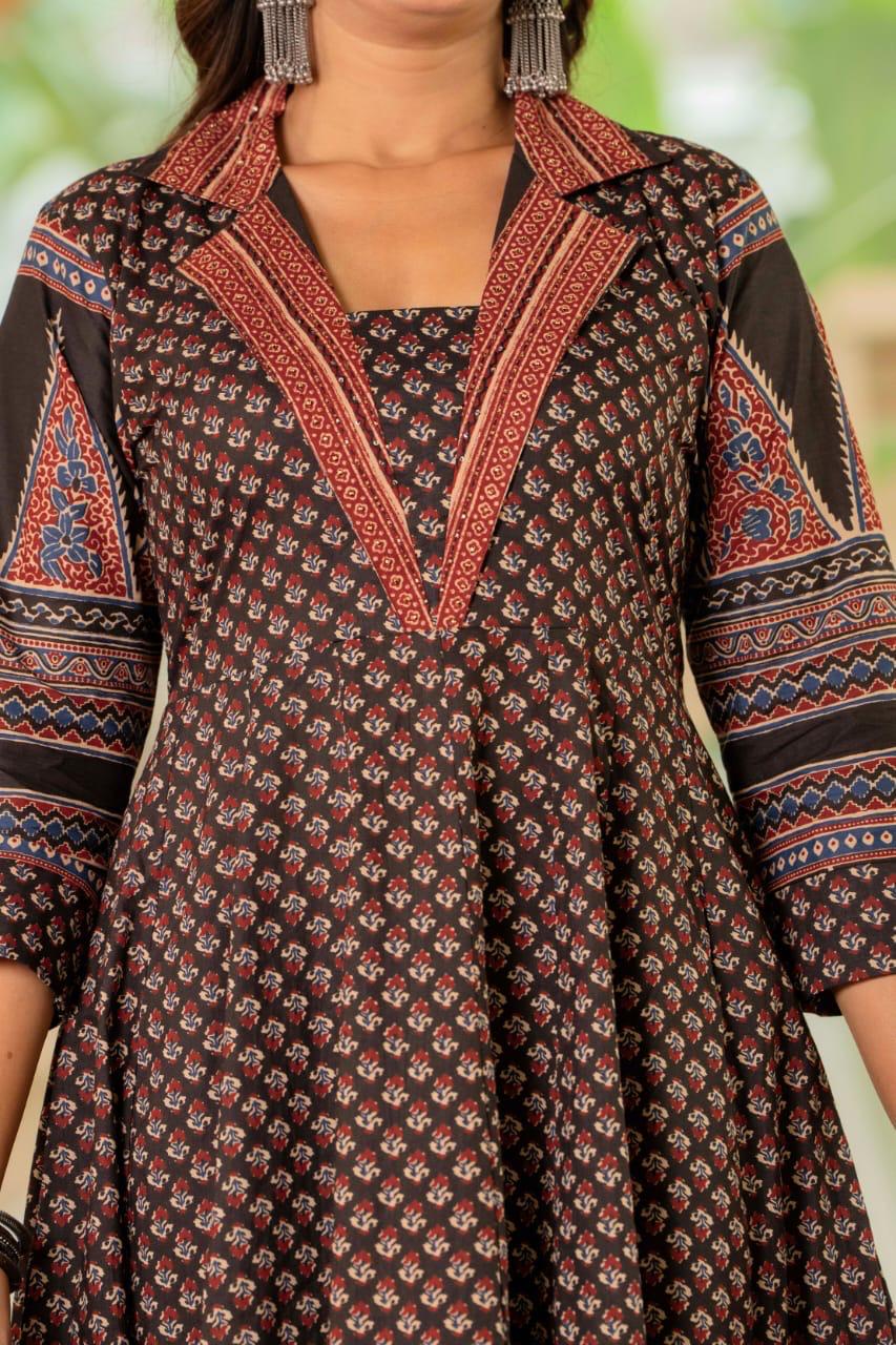 Black Printed Anarkali Kurta Set with Dupatta for Women – Elegant Cotton Ethnic Wear | Festive & Party Collection