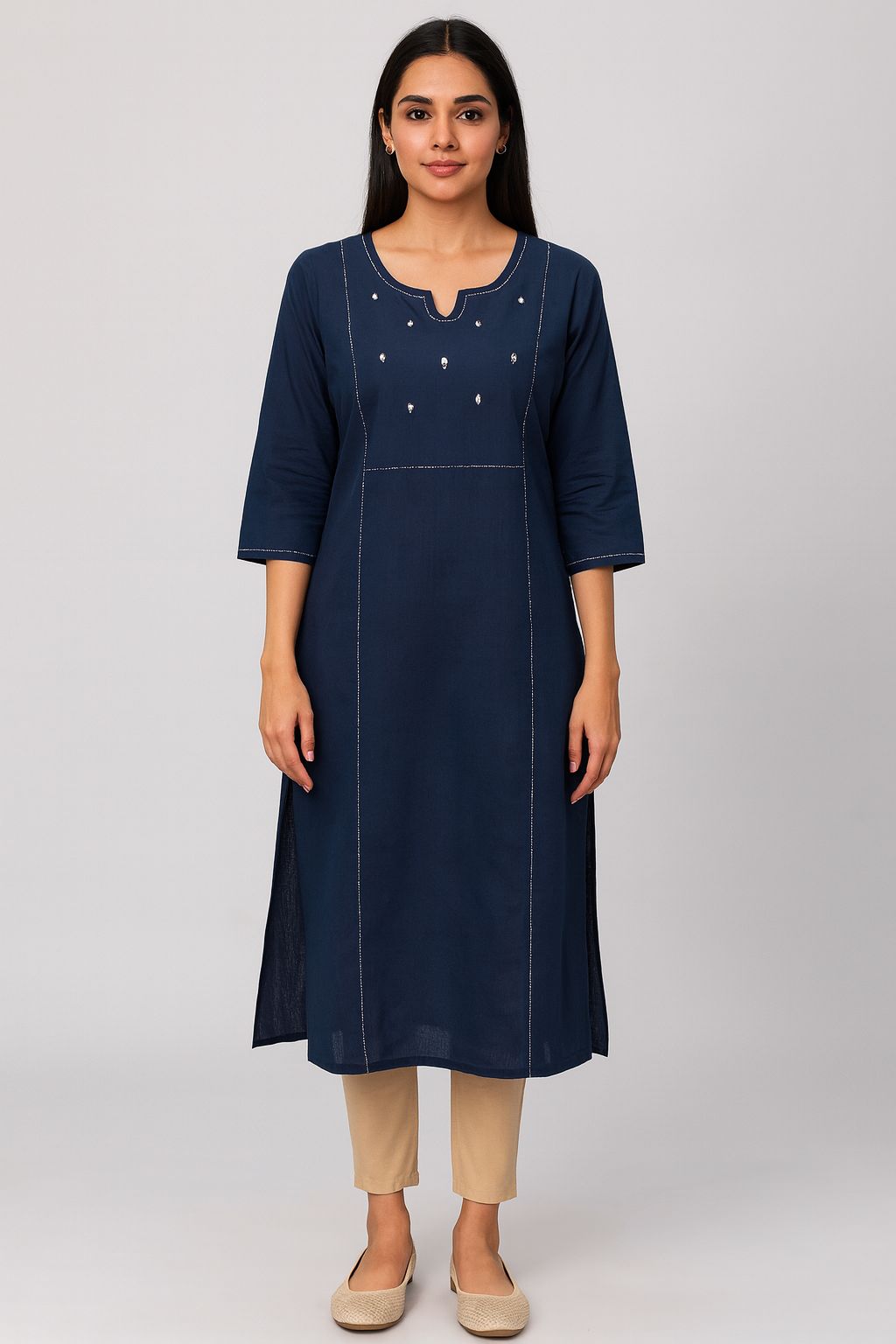 Navy Blue Cotton Straight Kurti for Women – Elegant Neck Design, 3/4 Sleeves & Everyday Comfort Wear