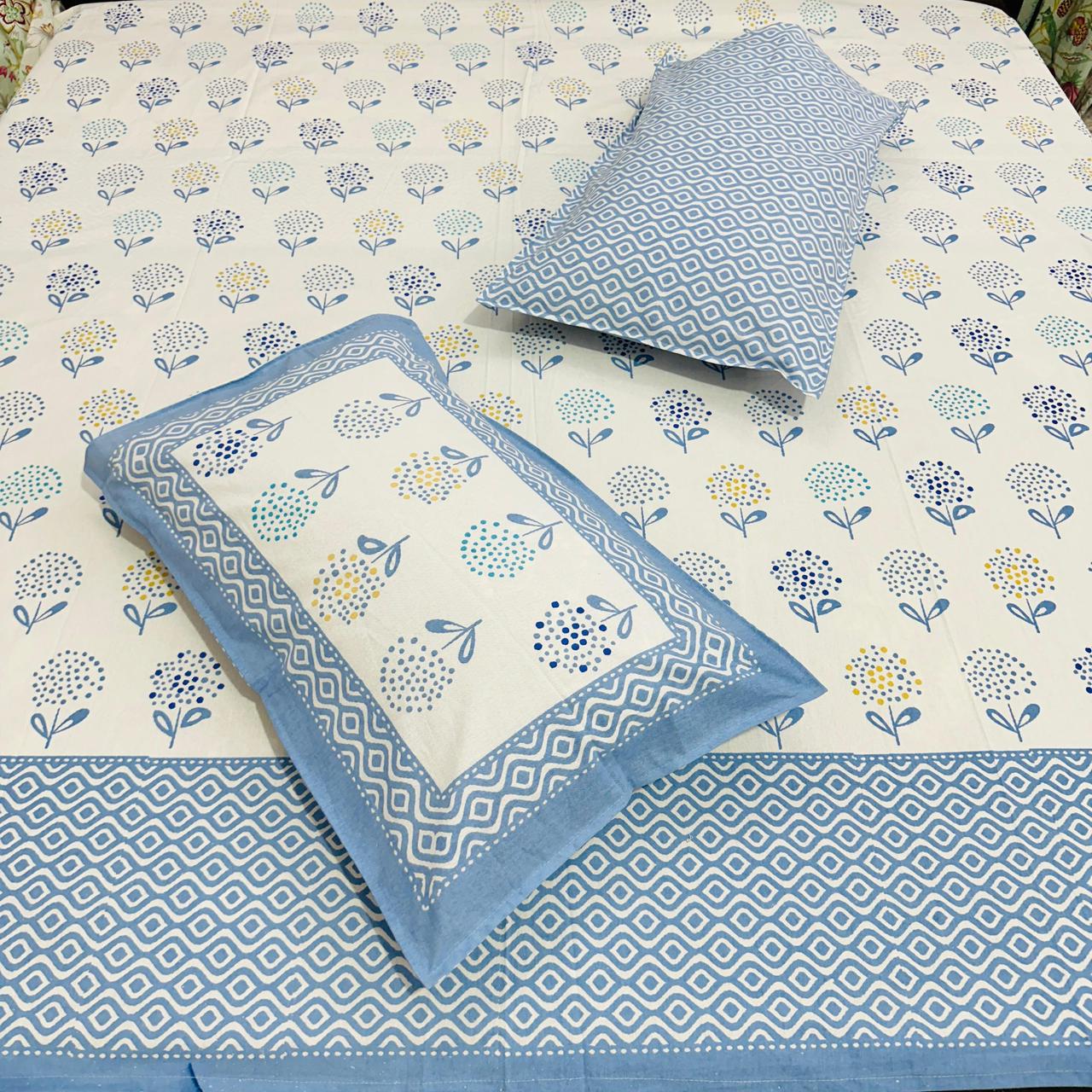 Premium Cotton Handblock Printed King Size Bedsheet 108x108 with 2 Pillow Covers – Blue & Yellow Floral Design | Natural Fab