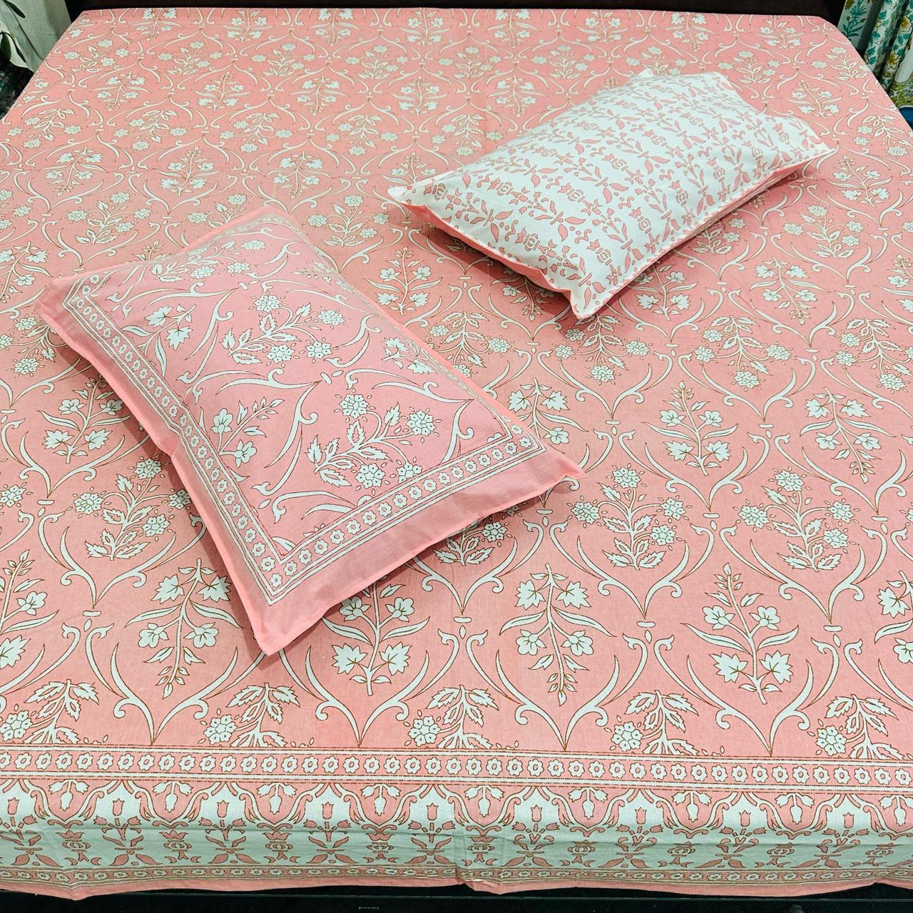 Premium Cotton Handblock Printed King Size Bedsheet 108x108 with 2 Pillow Covers – Pink Floral Mughal Print | Natural Fab