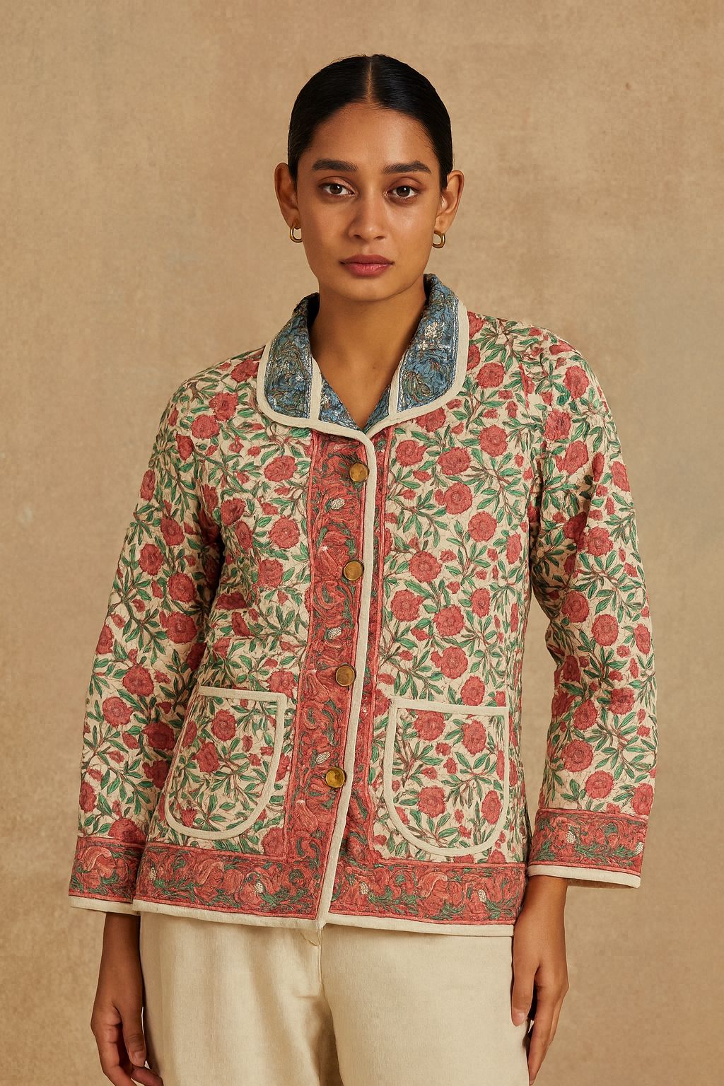 Women’s Floral Quilted Cotton Jacket | Hand-Printed Ethnic Winter Layer | Button-Front, Lightweight & Breathable