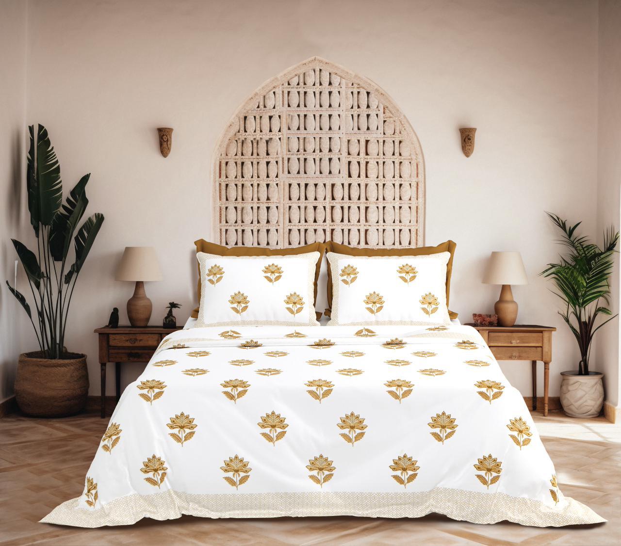 King Size Cotton Bedsheet 108×108 Inches | Soft Breathable Floral Print Bed Sheet with Matching Pillow Covers | Luxury Home Bedding