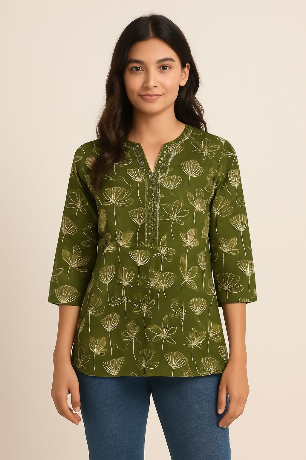 Women’s Olive Green Cotton Short Kurti with Floral Print | Casual Ethnic Top for Daily Wear