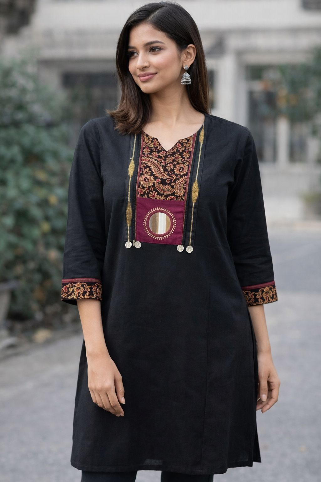 Women’s Black Cotton Short Kurti with Printed Panel & Mirror Detail | Elegant Casual & Office Wear Ethnic Tunic
