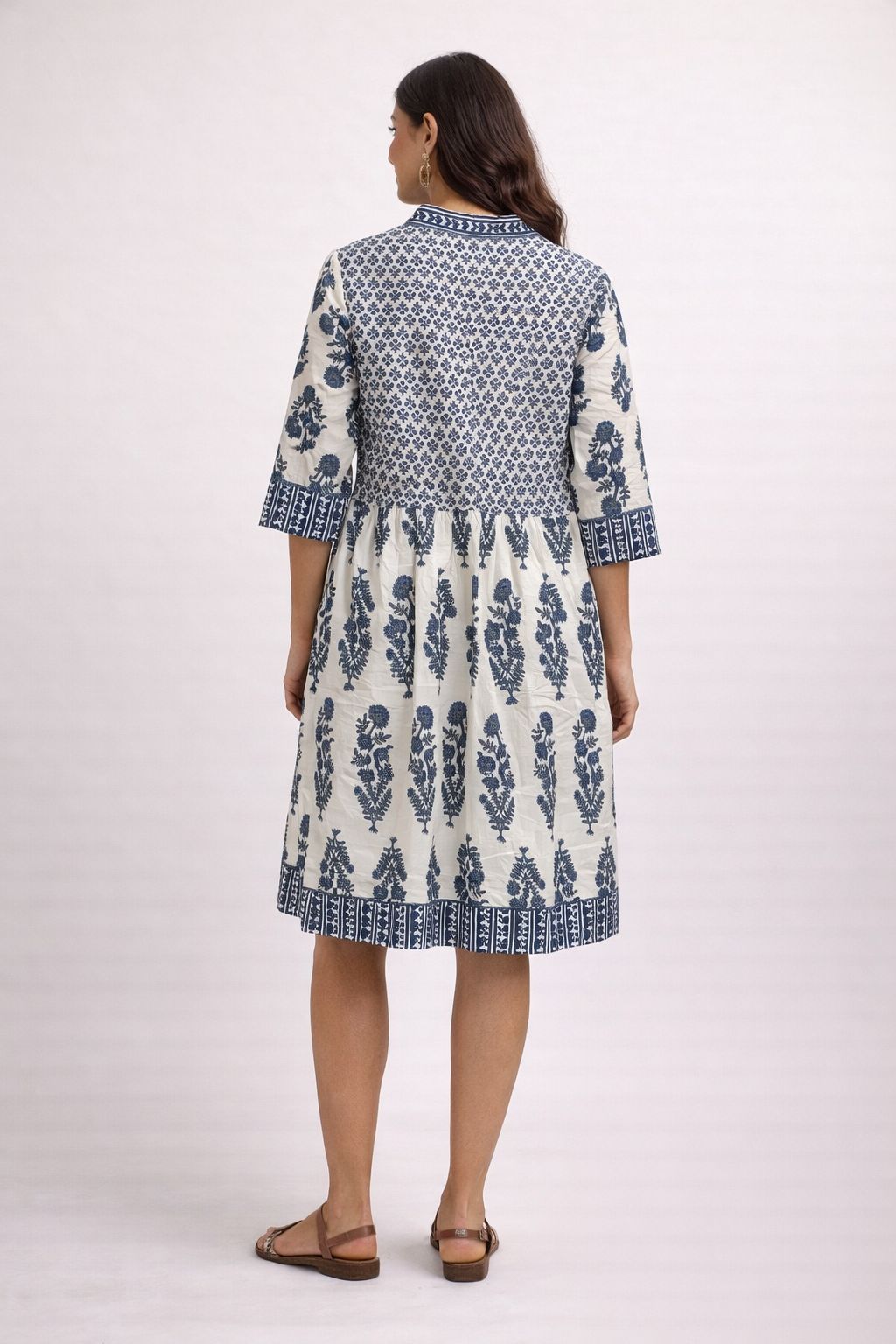 Women’s Cotton Printed Knee-Length Dress – Blue & White Ethnic Casual Dress with Pockets, Summer Everyday Wear