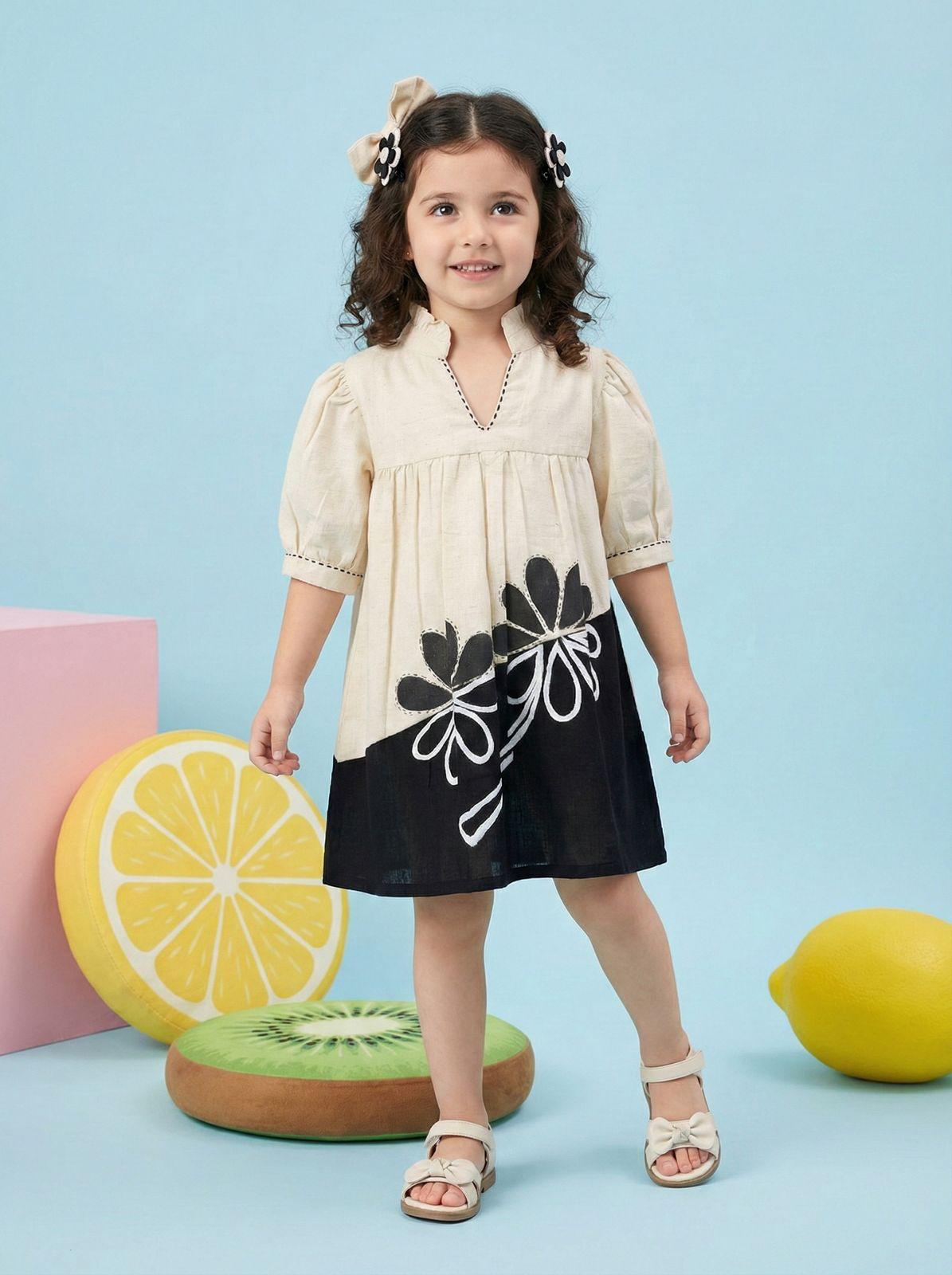 Girls Cotton Printed Dress – Cream & Black Kids Frock, Soft Comfortable Baby Girl Casual & Party Wear
