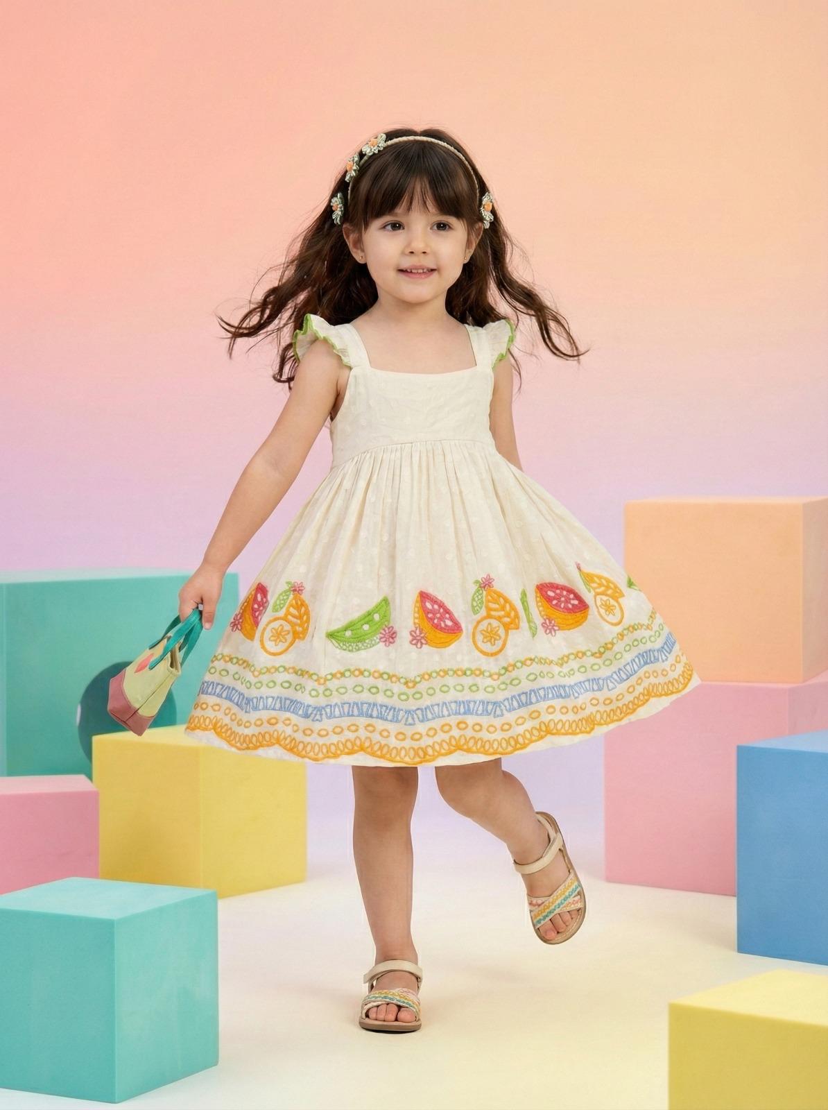 Girls Cotton Embroidered Dress – Cream Fruit Print Baby Girl Frock, Soft Summer Kids Party & Casual Wear