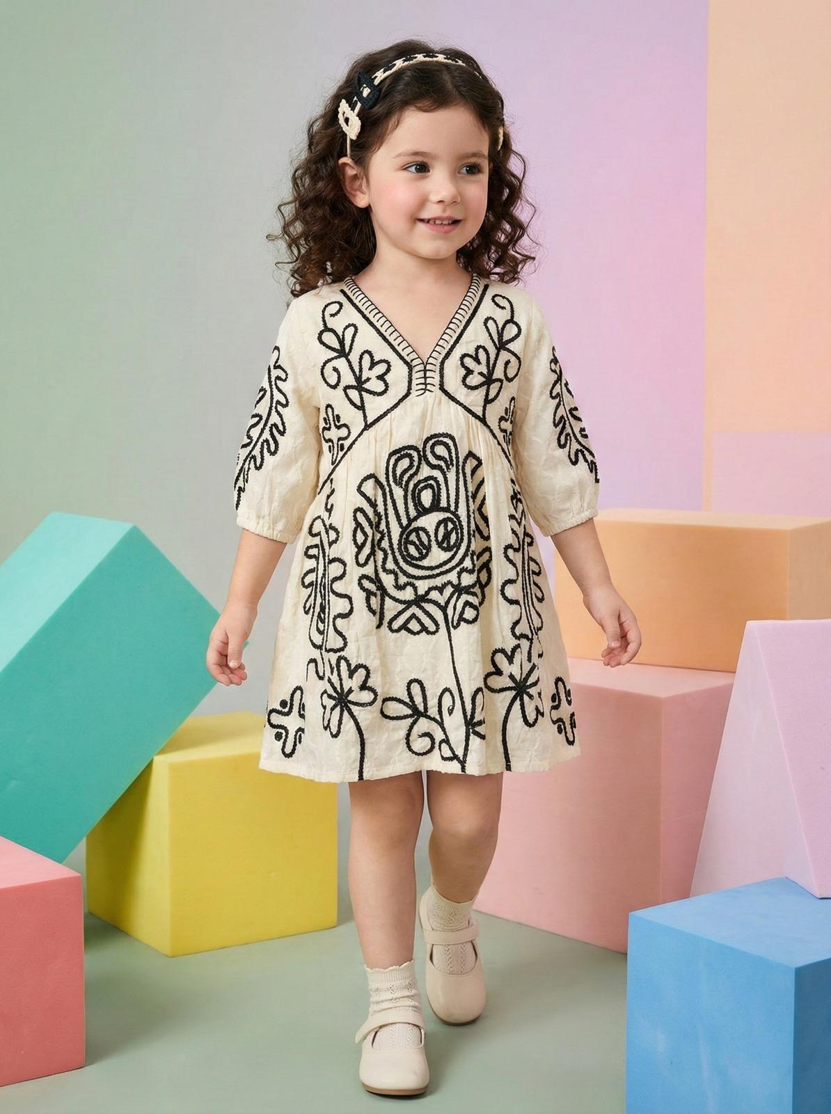 Girls Cotton Embroidered Dress – Cream & Black Floral Baby Girl Frock, Soft Casual & Party Wear Kids Dress