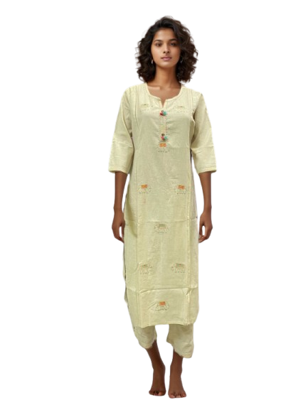 Mint Meadow 100% Cotton Embroidered Kurti Set – Subtle Elegance