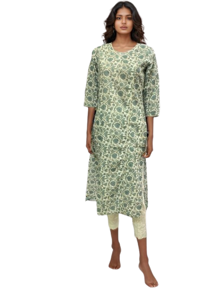 Serene Green 100% Cotton Block Print Kurti – Breathable Everyday Elegance