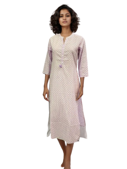 Lilac Whisper 100% Cotton Tassel Kurti – Effortless Comfort & Chic Style
