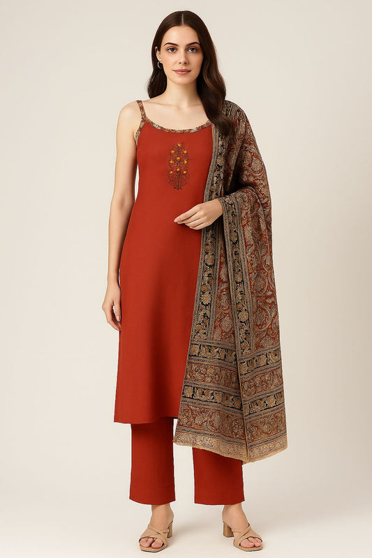 Rust Orange Sleeveless Cotton Kurti Set with Traditional Printed Dupatta – Festive & Ethnic Wear for Women