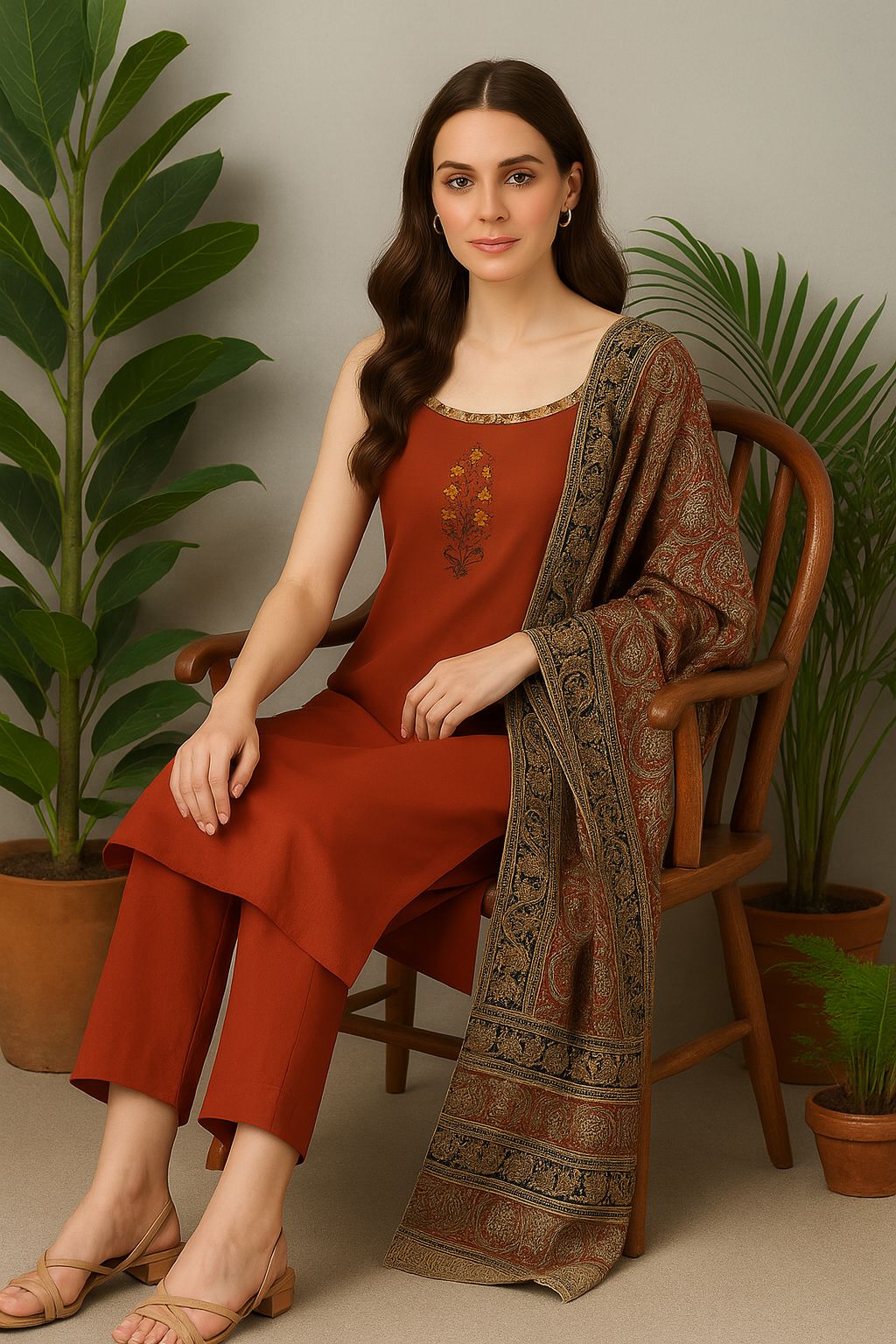 Rust Orange Sleeveless Cotton Kurti Set with Traditional Printed Dupatta – Festive & Ethnic Wear for Women